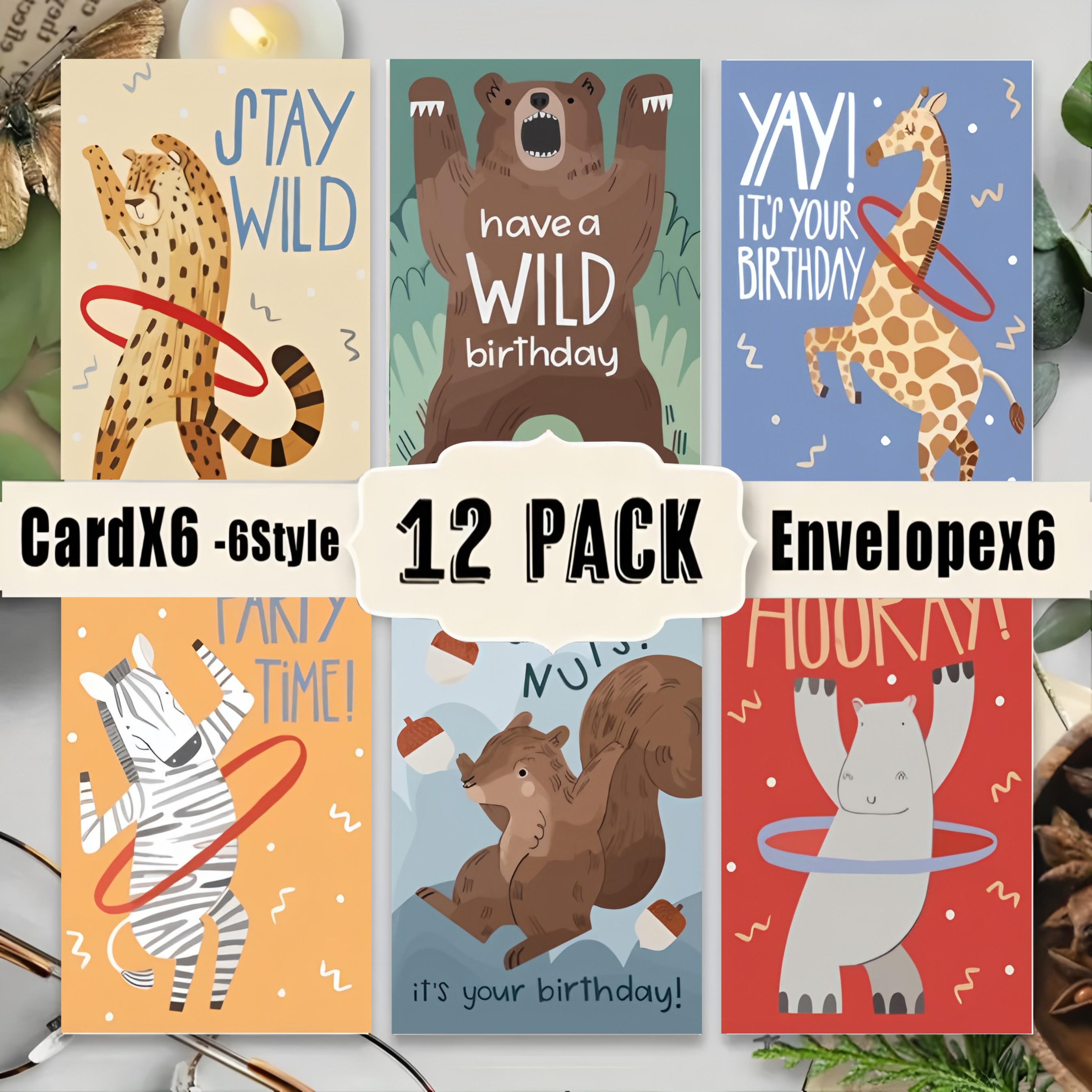 TEMU 12pcs Humorous Birthday Card Set With Envelopes, Featuring Animal Illustrations And Cards, Measuring 2.0 X 3.0 Inches, With Golden Cardboard