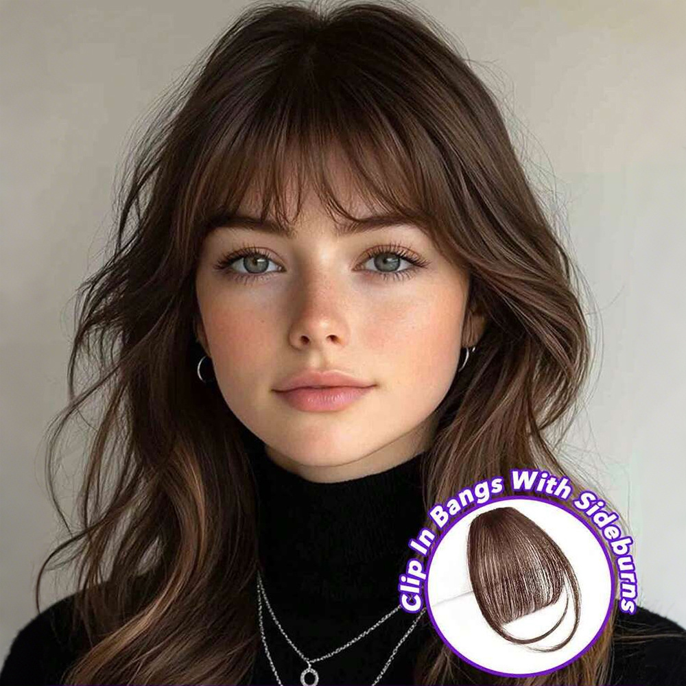 TEMU Human Hair Bangs With Sideburns Real Hair Bangs Clip-on Wig Women's Fringe Sideburns Easy To Apply All Hair Accessories For Daily Use