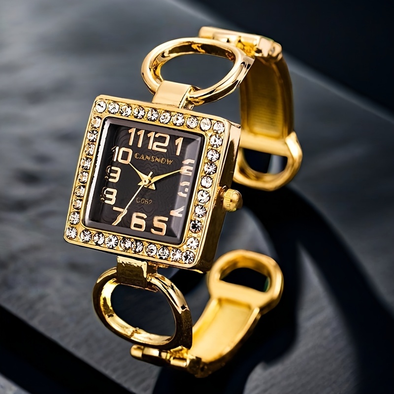 TEMU Rhinestone Decor Bracelet Watch, Elegant Square Pointer Cuff Bangle Watch, Gift For Mother's Day/valentine's Day