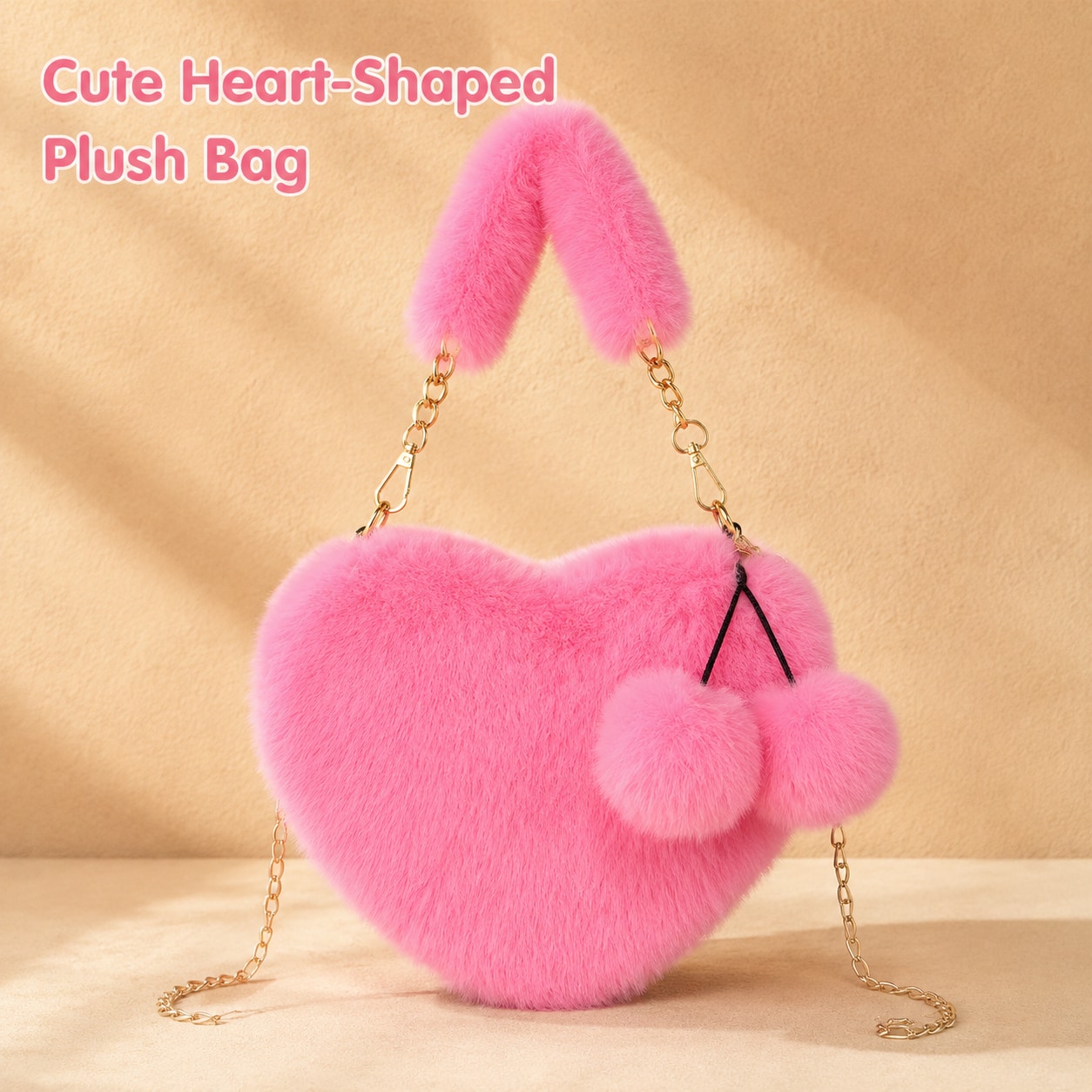 TEMU Sac Bandoulière Femme, Sac d'Épaule en Peluche de Cœur avec Chaîne Dorée et Poignée Supérieure, Sac Décontracté et Moelleux Tendance pour les