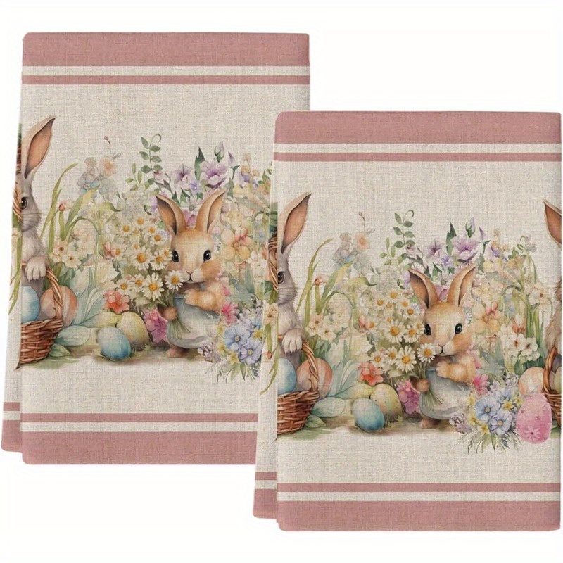 

2pcs Polyester Kitchen Towels, 18x26 Inches - Easter Bunny & Floral Eggs Design, Absorbent & Reusable Dish Cloths With Pink Stripes For Home Decor, Dish Towels