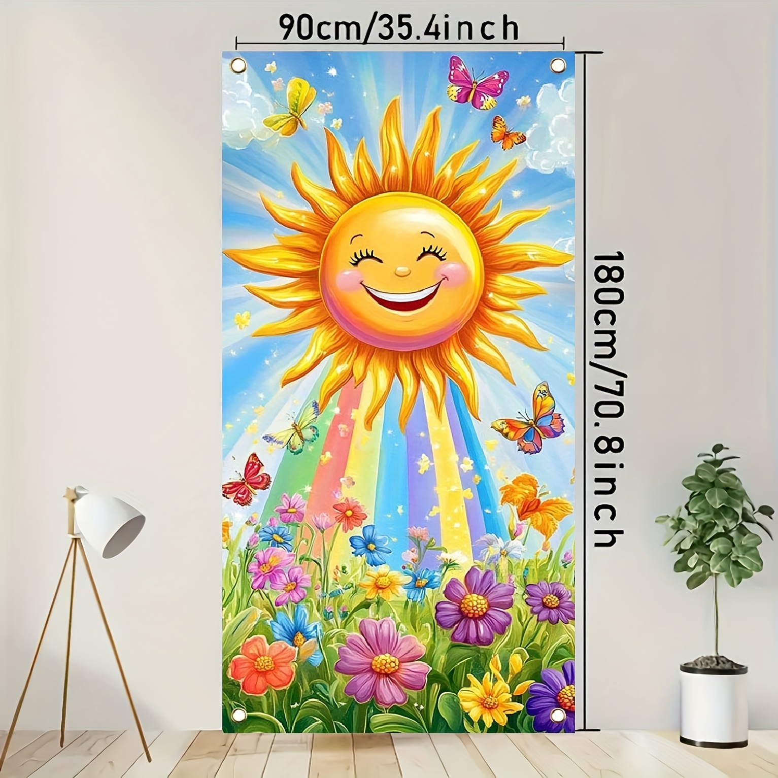 TEMU 2d Door Width - 1pc Multicolor Sunshine Clouds Spring Floral Banner, Indoor Home Decor Photography Background, Fabric