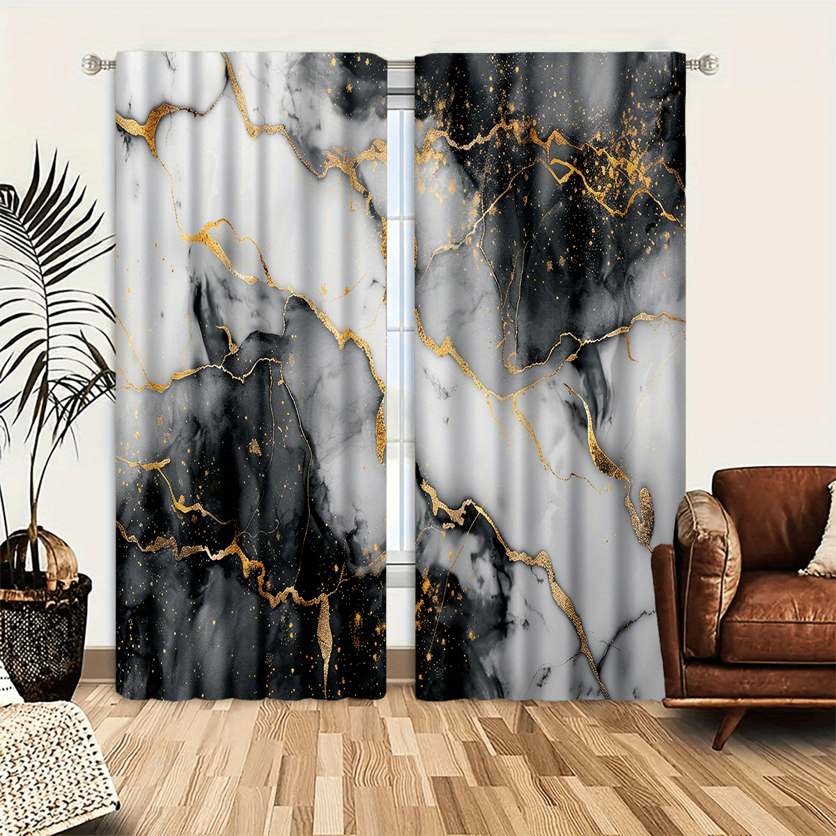 TEMU 2pcs/ Set Of Simple And Elegant Gilded Marble Printed Decorative Curtains, Decorative Curtains, Lightweight And Breathable, Comfortable Bedroom,
