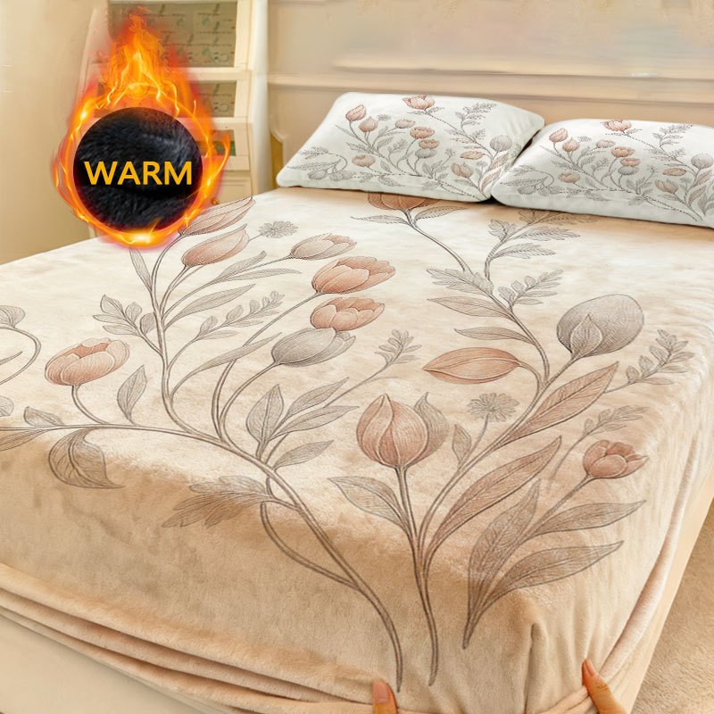 TEMU Elegant Floral And Foliage Milk Velvet Bed Skirt, Independent Deep Coverage Anti-slip Mattress Cover, Autumn Winter Full Size Suitable For Twin,