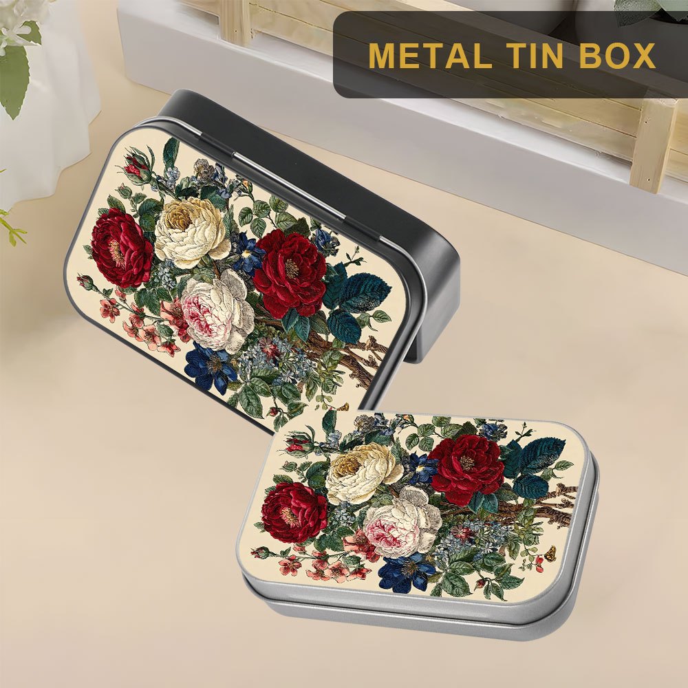 1pc metal tin box with   peony design durable   lid compact portable storage organizer for home   multi purpose rectangular storage bin metal tin box 0