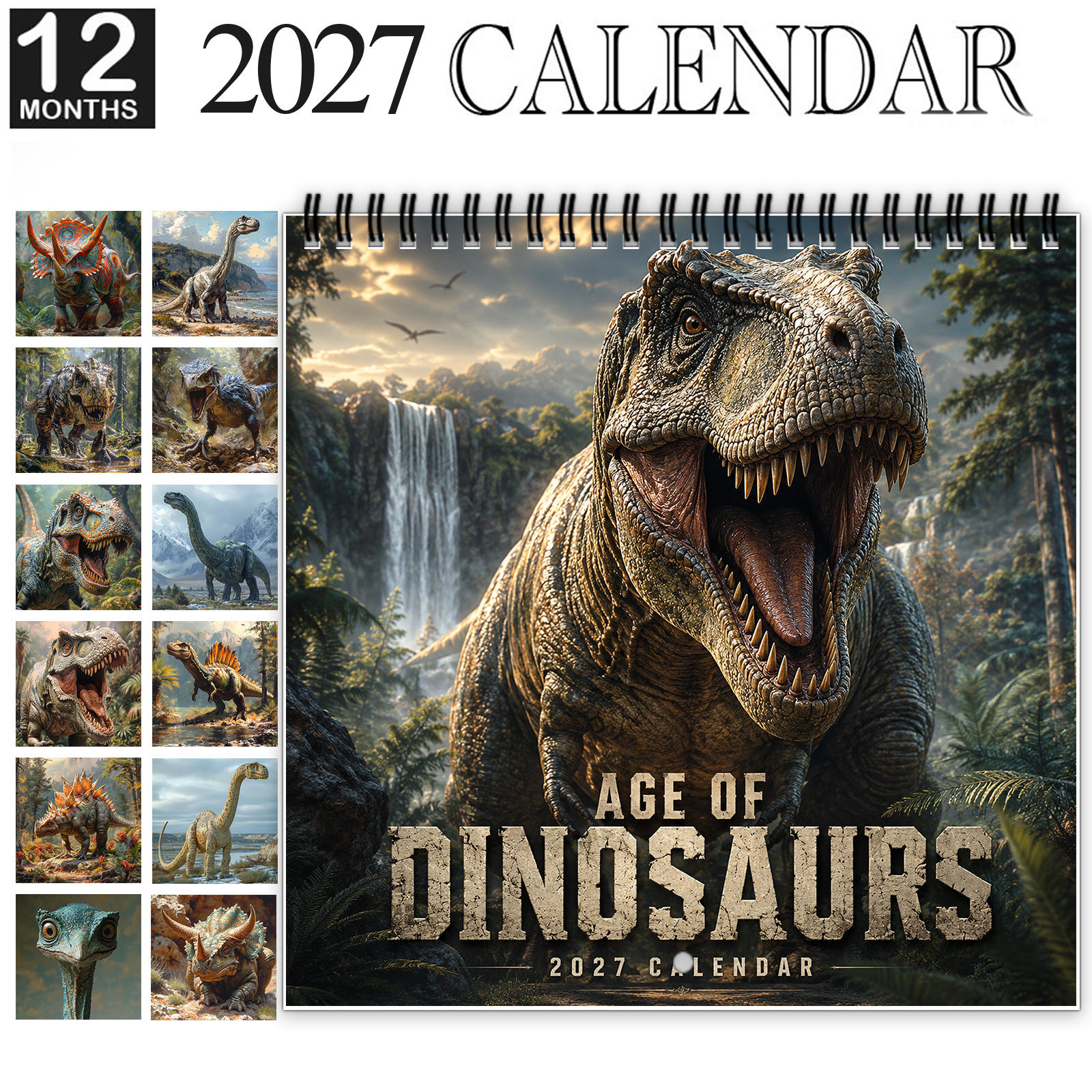 TEMU Calendrier mural Dinosaures 2027, calendrier préhistorique à spirale de 12 mois avec de grands blocs de date inscriptibles, met en des anciennes