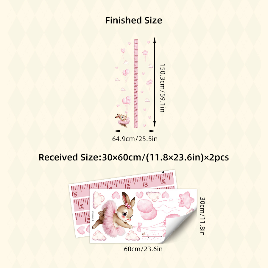 Image of 2 Sheets Brup Removable Pink Cute Height Chart Wall Sticker For Nursery Bedroom Living Room Decor, School Decoration, School Decor