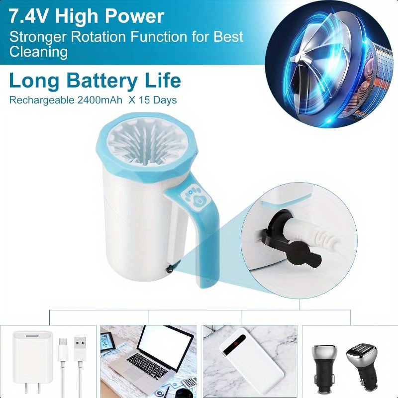 可充电自动狗爪清洁器狗爪洗涤杯2合1便携式宠物爪清洁器，带软硅胶刷7.4v高功率狗脚洗涤器，适用于大型狗和猫的美容蓝色 详情 1