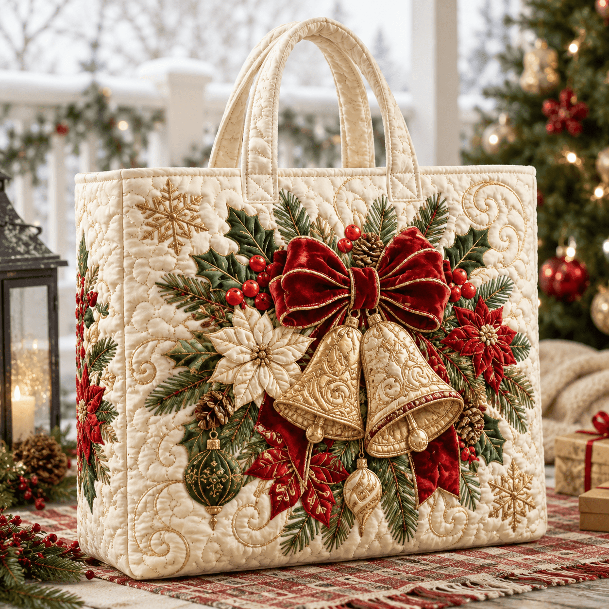 TEMU 17 X 15 Inch Women's Large Quilted Tote Bag With Wide Straps, Ideal For Shopping, Travel, And Work. Lightweight Handbag Featuring Christmas Bell