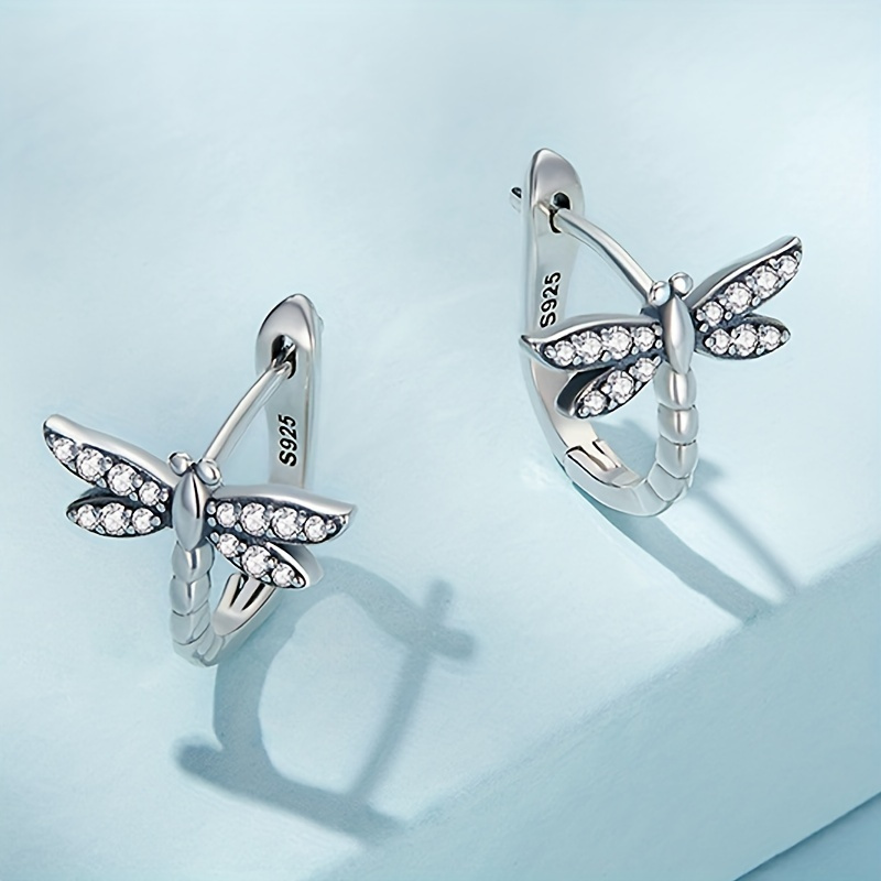 

925 Sterling Silver Dragonfly Hoop Earrings - Hypoallergenic, Zirconia , Cute , Trendy Female Gift - , Casual Attire, And