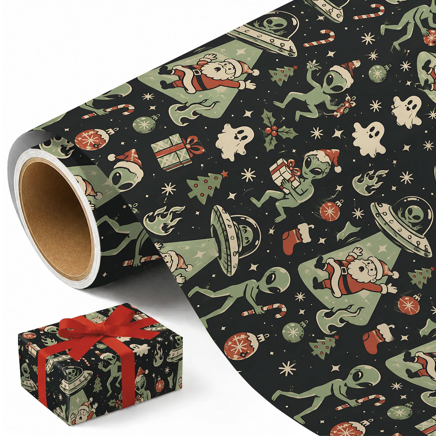 TEMU 1 Rouleau de Papier Cadeau de Noël Père Noël - Thème Rétro Adapté aux Cadeaux de Noël, Emballage Cadeau sur le Thème des Extraterrestres avec