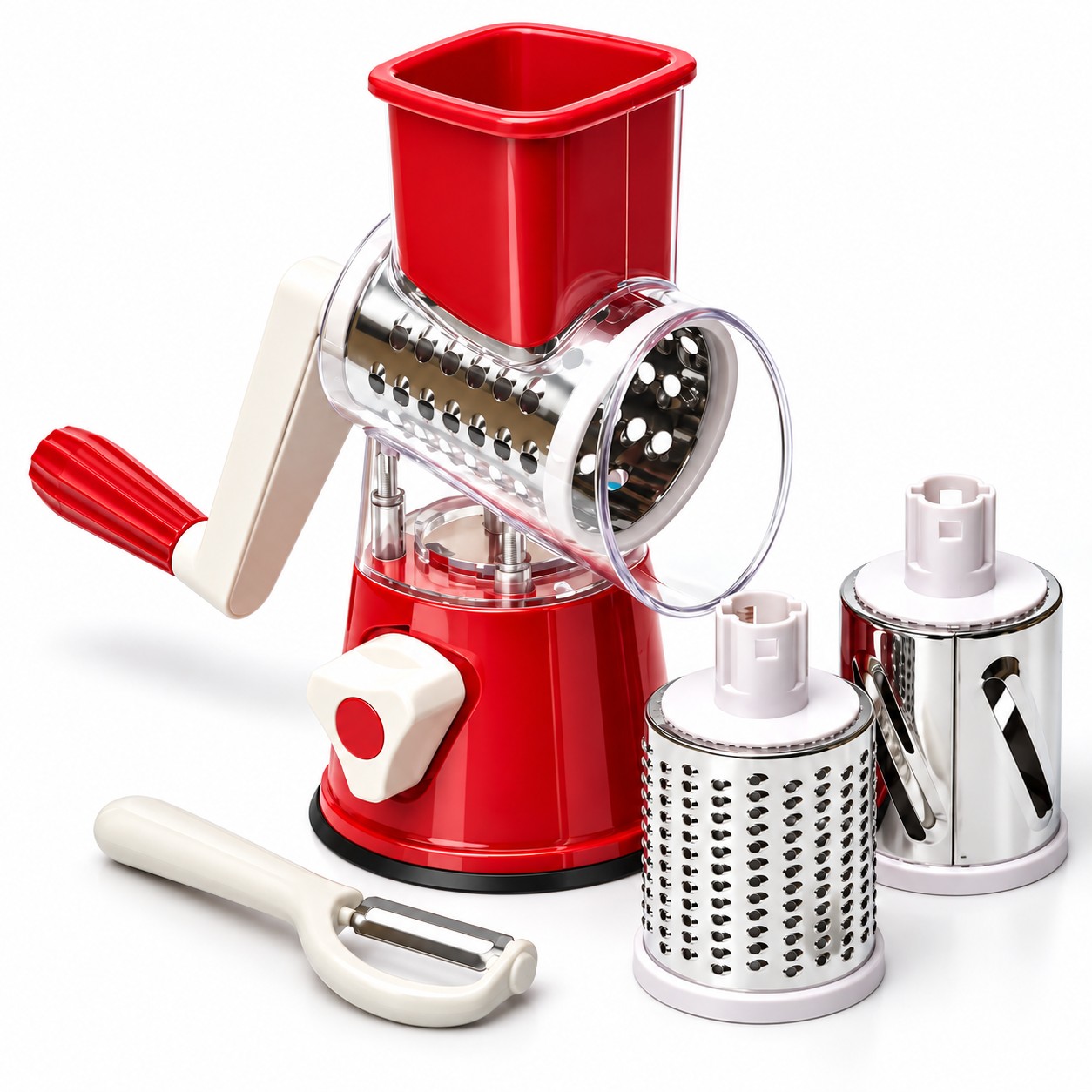 3 in 1 manual rotary grater hand crank cheese and vegetable slicer with 3pcs stainless steel drums suction base kitchen food prep tool Product details 1