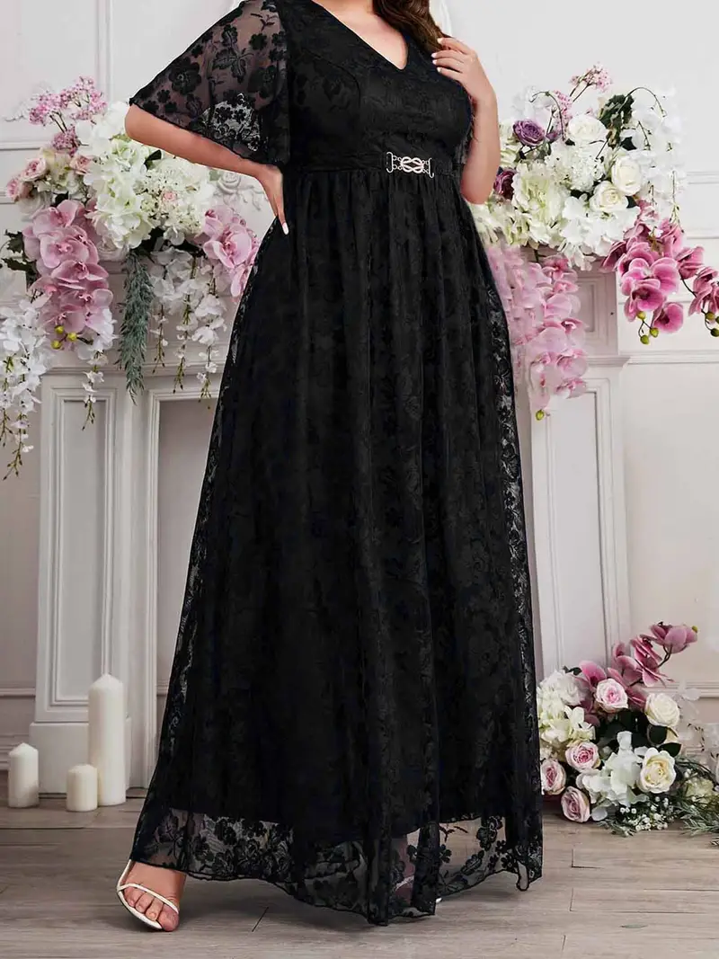 womens floral lace long dress half sleeve v neck plus size - Temu womens floral lace long dress half sleeve v neck plus size - Temu