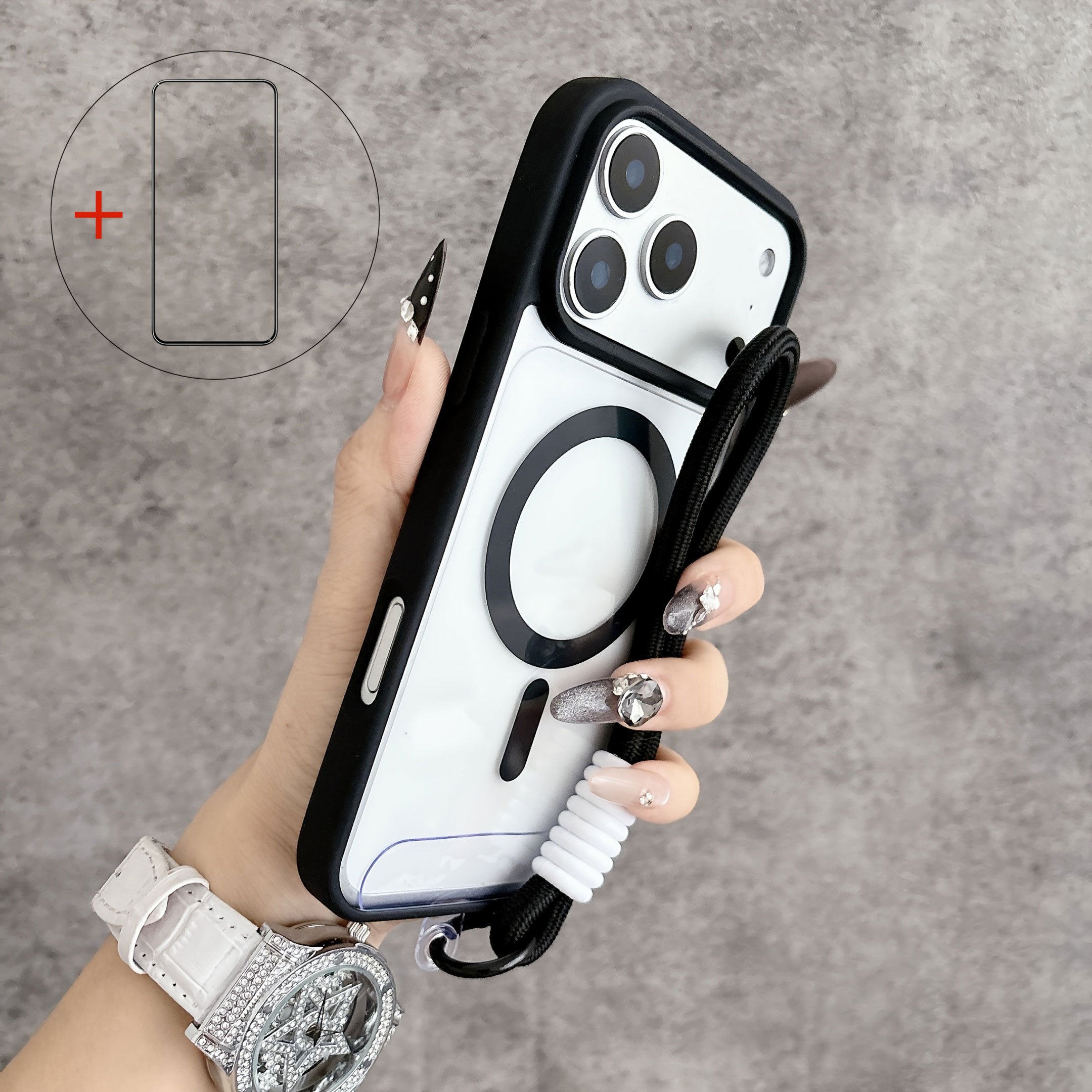 Phone Case: 3pcs Set (1case + 1strap +1 Screen Protector)luxury Transparent Shockproof.lanyard Phone Case For Iphone 17/16/15/14/13/12 Pro/pro Max.magnetic Wireless Charging Compatible Back Cover