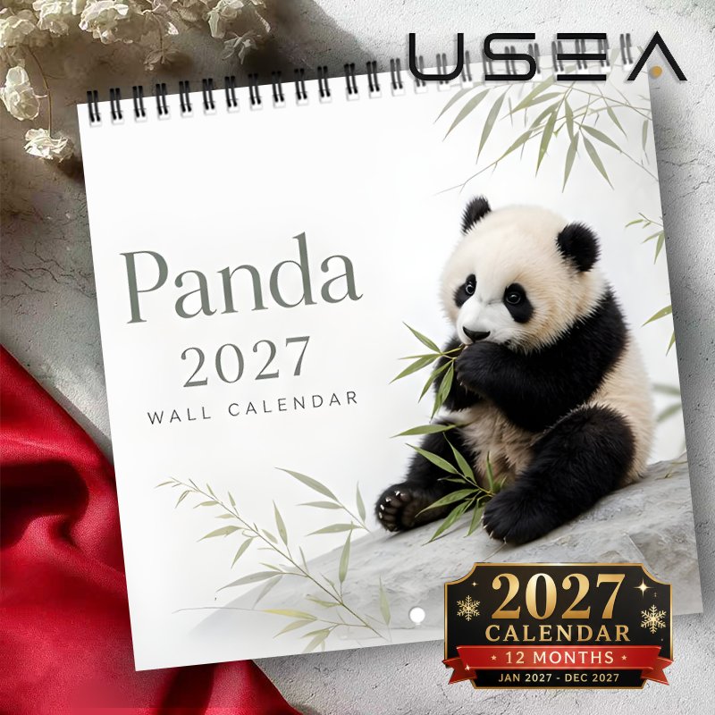 TEMU Calendrier mural 2027, Calendrier mural Panda 2027, Calendrier suspendu 12 mois avec reliure spirale à double fil, Carré de 8,3 x 8,3 pouces,