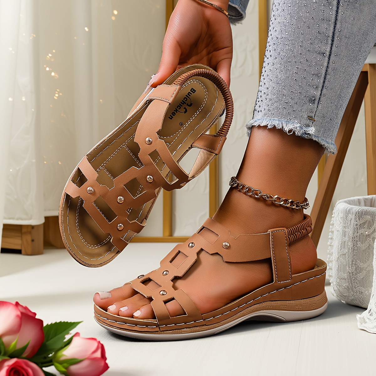 buchicken new summer elegant and fashionable womens wedge sandals breathable and versatile summer sandals for women suitable for daily life dates shopping   vacations travel camping and other occasions comfortable and casual beach Product details 7