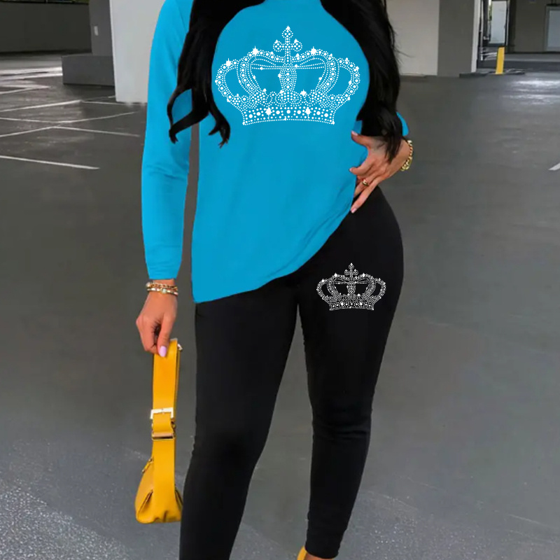 

Elegant Polyester Knit Tracksuit For Women, Crew Neck Long Sleeve Top And Pants Set, Cartoon Crown Print, Stretch Fabric, For Sportswear