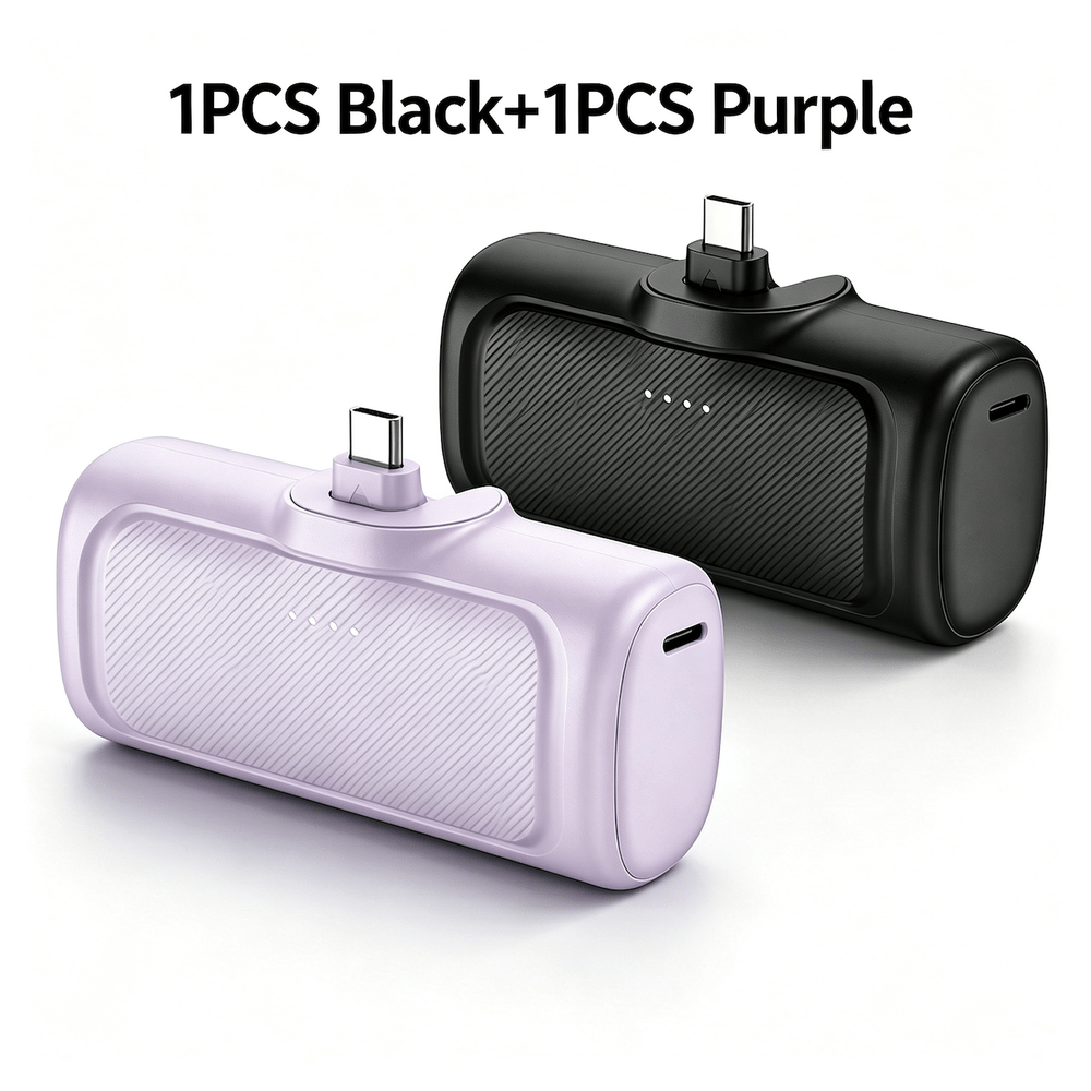 Image of 2pcs 5000mah Universal Portable With Indicator Lights, In Black+purple, White+purple, White+black. 22.5w With Dual Charging , Ideal For Daily Use & Outdoor Power Backup
