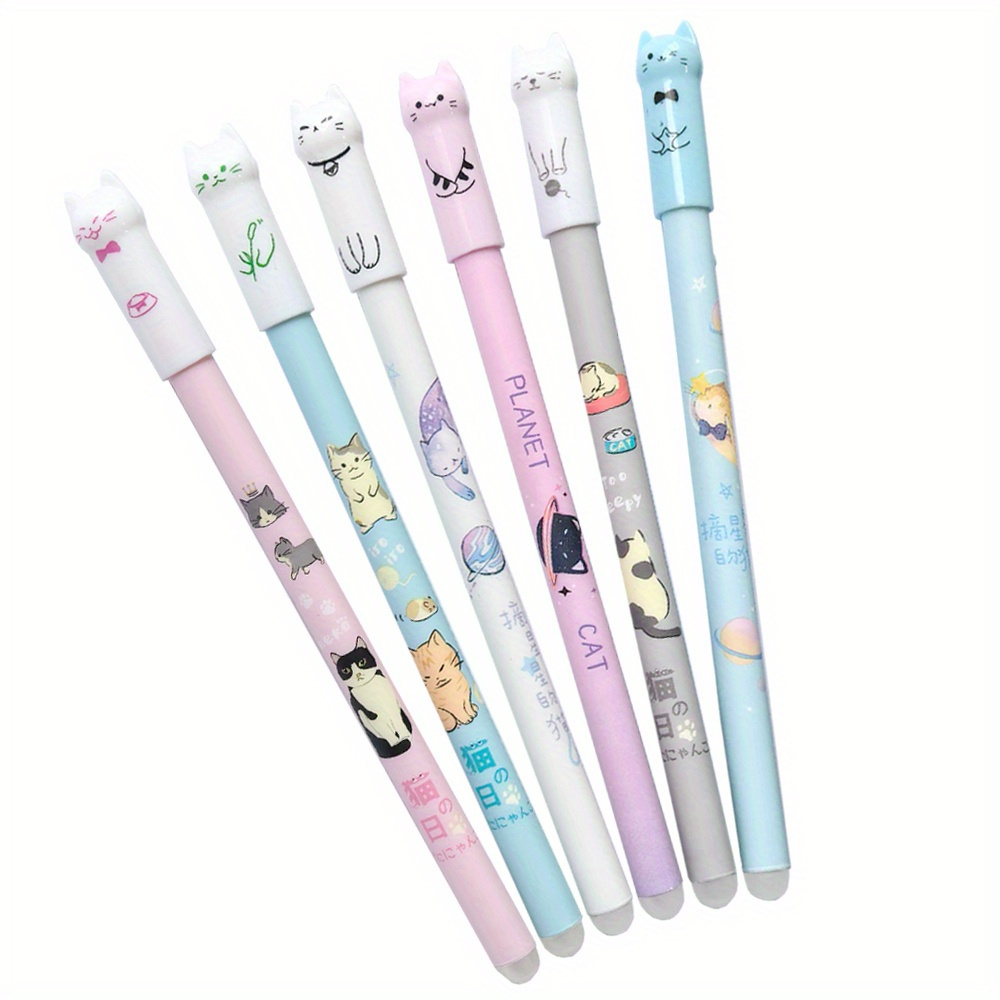 

6pcs Cat-themed Erasable Blue Gel Pens, 0.5mm Fine Point, Heat Sensitive With Rubber Grip, Assorted Styles