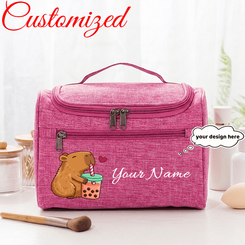 TEMU Custom Name Capybara Popcorn Tea Theme Women's Hanging Toiletry Bag, Portable Hook Design, Makeup Organizer, Multi-compartment Cosmetic Storage