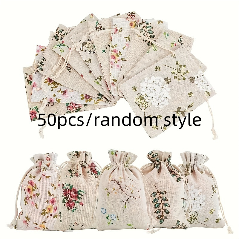 Image of 50 Rustic Floral Print Linen Drawstring Bags In Random Colors - Perfect For Jewelry, Wedding Decorations, Rustic Party Favors, Drawstring Gift Bags, Ideal For Wedding And Craft Storage