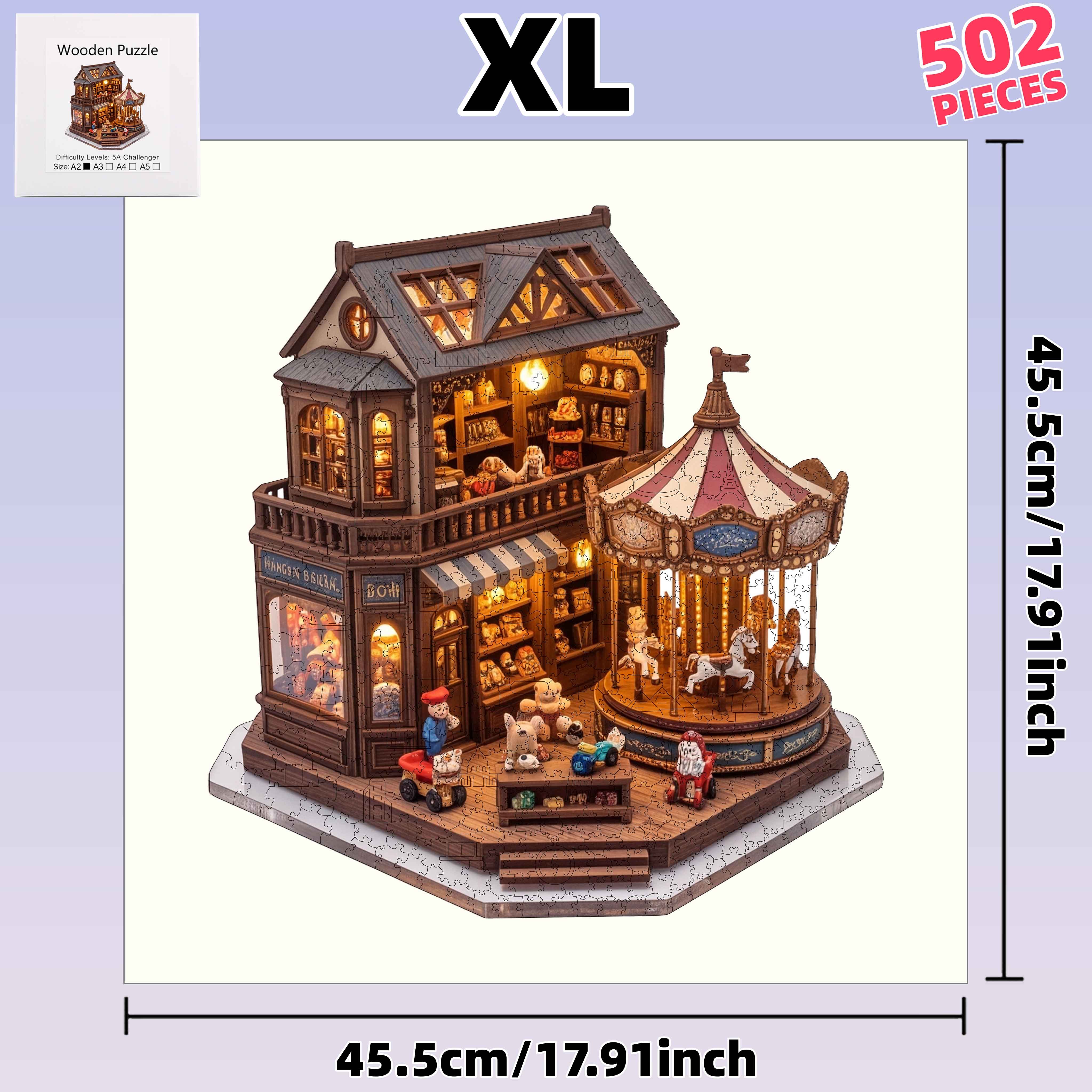 TEMU 502pcs Corner Toy Store With Carousel - High Difficulty Irregular Shape Wooden Puzzle - Premium , Vibrant Colors - Toy 14+ - Ideal Gift For