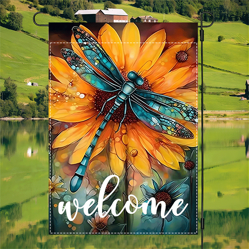 

1pc Vibrant Sunflower & Dragonfly Flag - Double-sided, Waterproof Polyester Burlap, 12x18 Inches, Ideal For Yard & Holiday Decorations