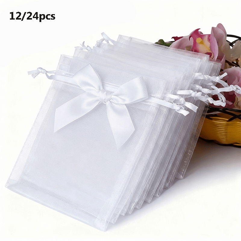 TEMU Gift For Her/him 12pcs/24pcs Mesh Drawstring Gift Bags With Ribbon Bowknot - Wedding Favor Bags Suitable For Party Decorations, Jewelry