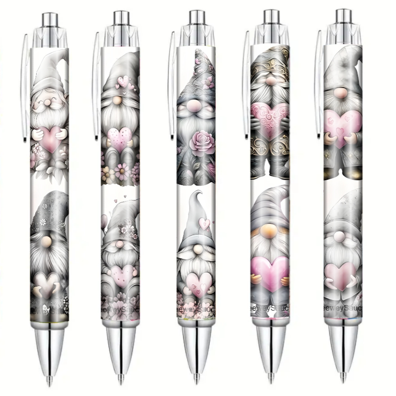 Image of 5pcs Creative Gray Heart Gnome Themed Ballpoint Pens, Black Ink Pens, Smooth Writing Pens For Stationery Lovers, Perfect For Journaling And Holiday Gifts