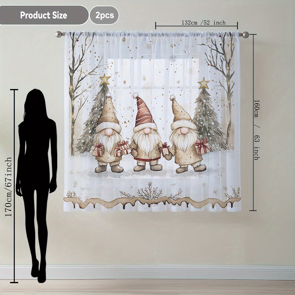 2pcs Fairy Christmas Winter Element Printed Home Decor Sheer Curtains, Suitable For Kitchen, Cafe, Restaurant, Balcony, Garden, Bedroom