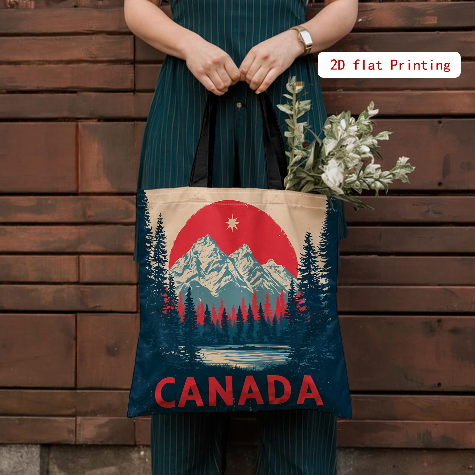 TEMU 1pc [tote Bag] Sunset Forest Canada Text Canada Scenery Printed Tote Bag, Suitable For Canada Travel Souvenir, Outdoor Enthusiast Carry, Casual