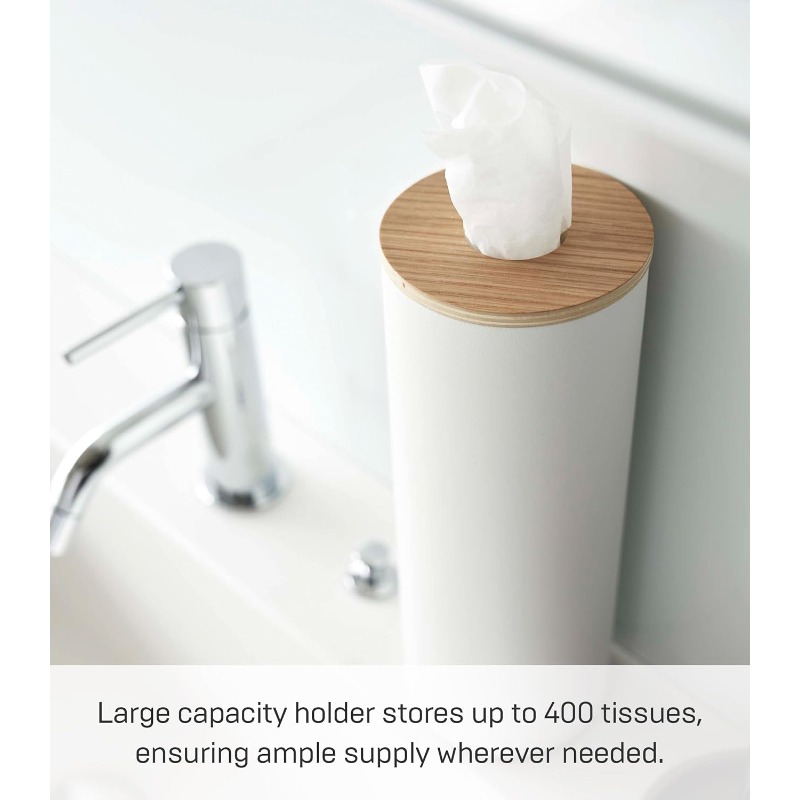 home rin reusable round tissue holder case - heavy-duty steel construction with elegant white & natural wood lid, modern bathroom/office/kitchen tissue dispenser, space-saving cylindrical design, durable metal tissue organizer for home or commercial use,   & hygienic storage, minimalist decor with sturdy base, smooth rounded edges, secure tissue roll  , stylish and functional for bathroom, kitchen, or office, tissue box with storage, tissue holder for bathroom Product details 1
