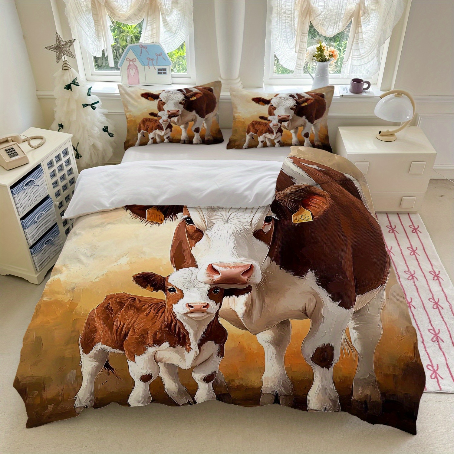 TEMU 3pcs Bedding Featuring A Cow Print Design In White And Brown, Including 1 Duvet Cover And 2 Pillowcases (core Not Included) For Your Bedroom