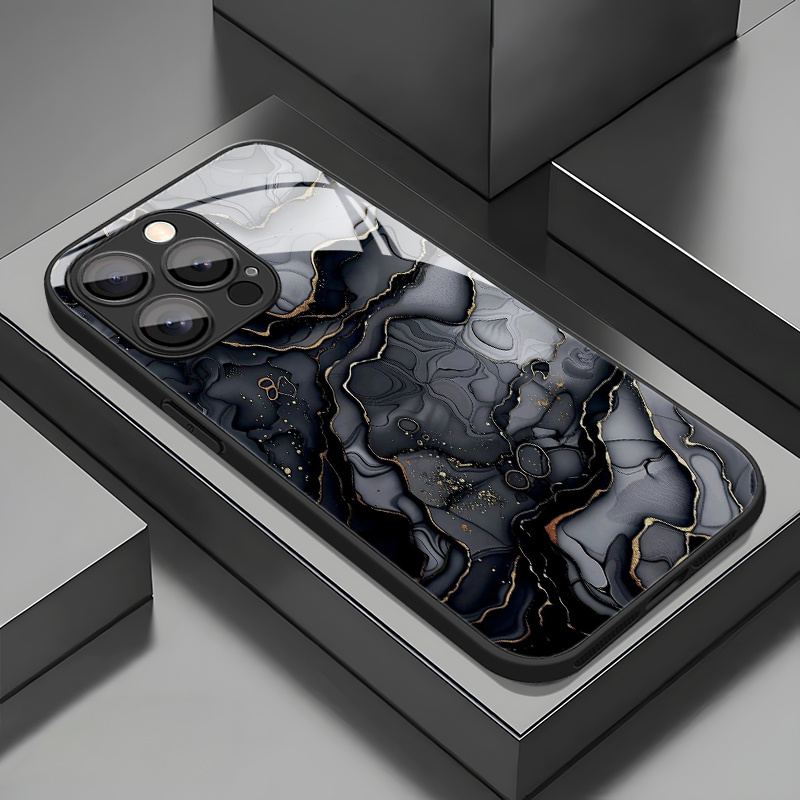 TEMU Black Marble Gradient Pattern Phone Case Suitable For Iphone 16 Pro Max/15 Pro/14 Plus/13/12/11/x/xr/xs Max, , Tempered Glass, Protective Cover