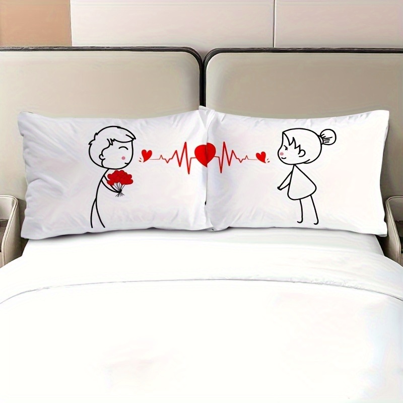 Image of 2-pack, Romantic Couple Cartoon Polyester Single - Sided Pillowcases: Convey Endless Lovesoft Polyester Pillowcase - Wrinkle-, Fade-, Suitable For , Printed On , Pillow Core Not Included