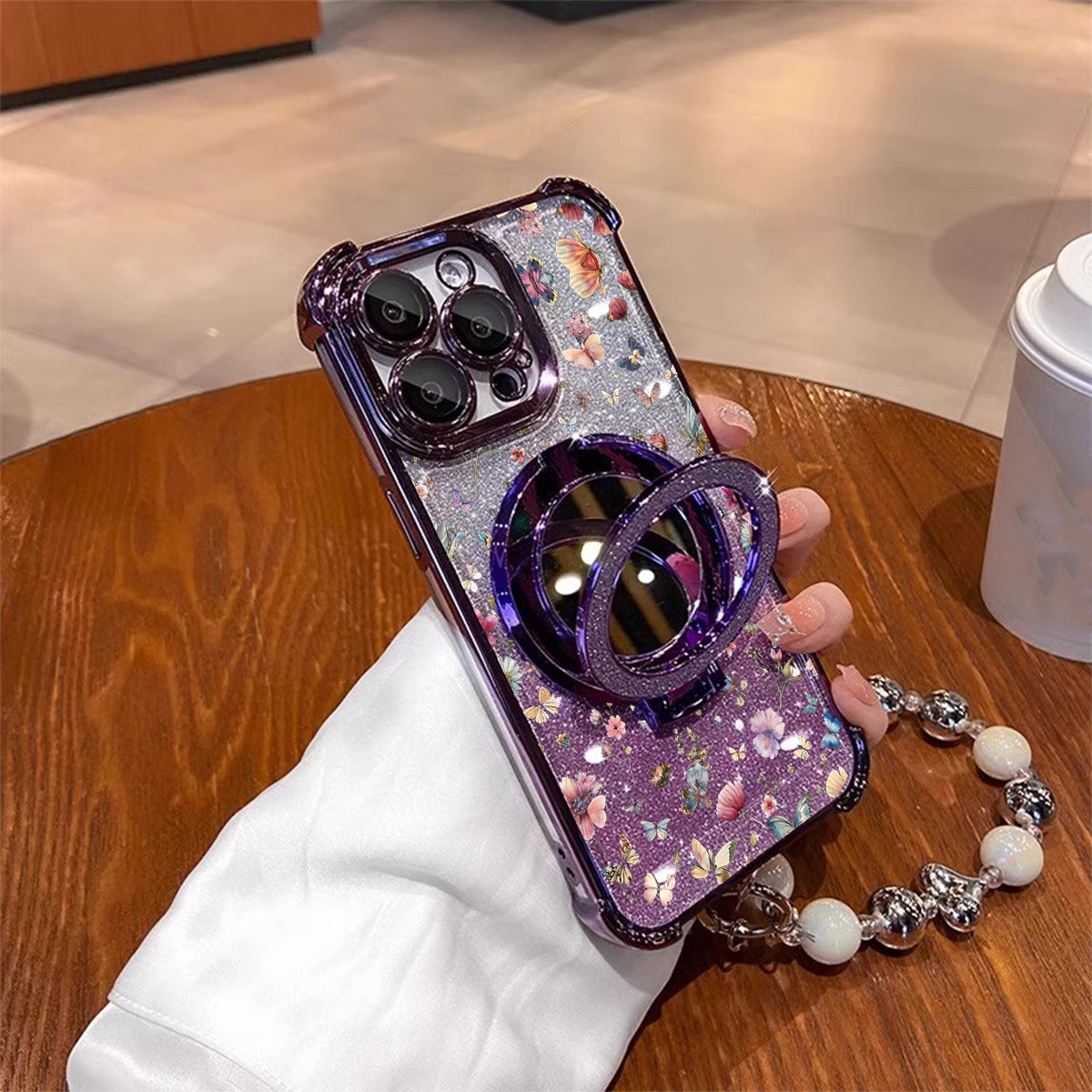 TEMU Phone Case - Full-screen Flower Mirror Holder Phone Case Suitable For Iphone 16 Phone Case Easy Suitable For 15 Niche 14/ New High-end Pearl