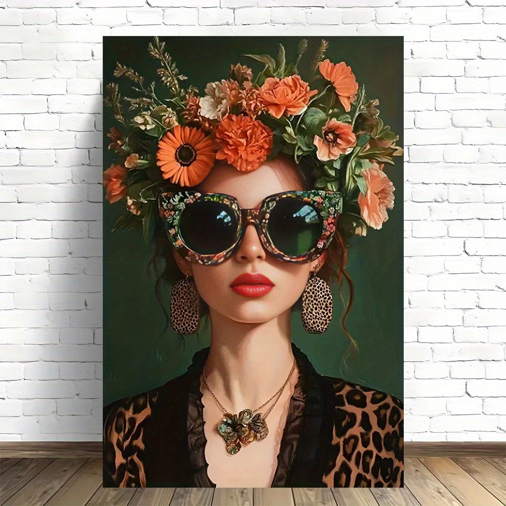 TEMU 2d Flat, 1pc Frameless Canvas Wall Art - Fashionable Woman With Floral Headpiece & Oversized Fashion Glasses, Vibrant 2d Flat Artwork For Home