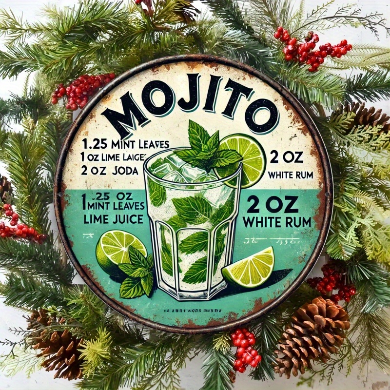 TEMU 2d Flat - 1pc "mosito Cocktail" Metal Wall Plate, Round Metal Plate, Pre-perforated, Waterproof, Indoor/outdoor Decoration, 19.99x19.99 Cm, With