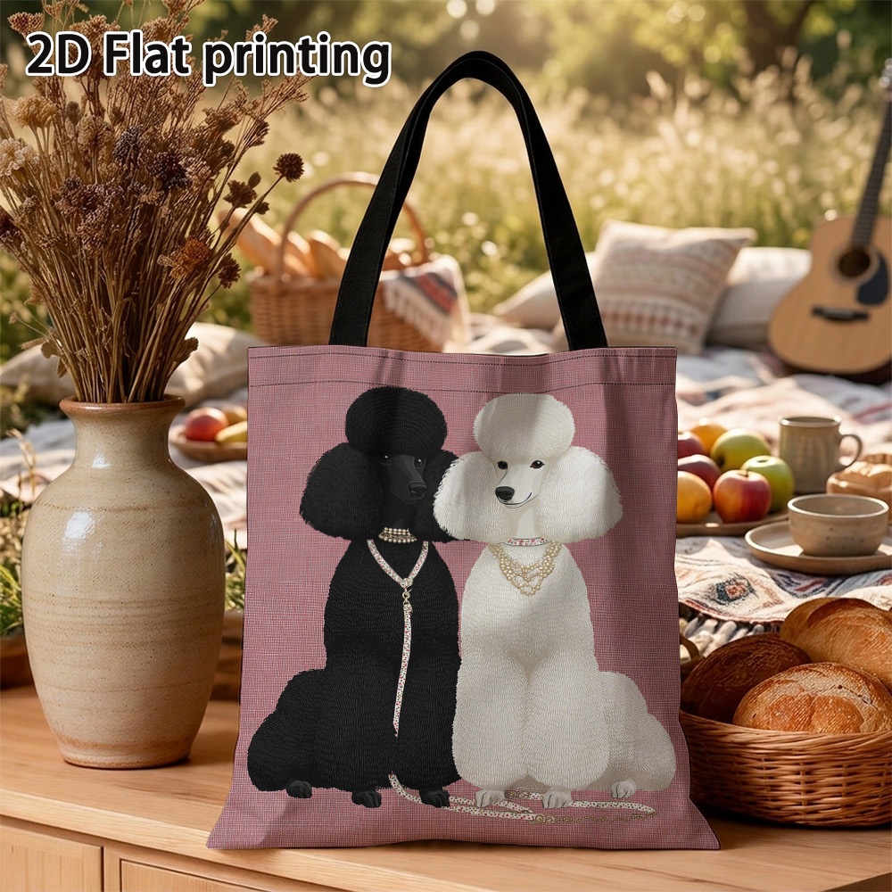TEMU 1pc Vibrant And Elegant Black And White Poodle Pattern Tote Bag - Lightweight Reusable Shopping Bag With Fixed Shoulder Strap, Spacious Handbag