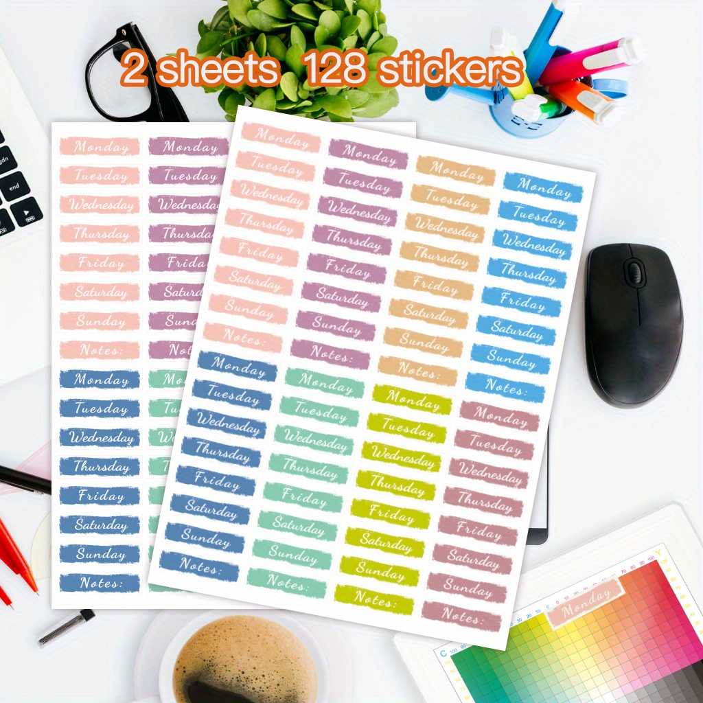 TEMU 2 Feuilles (128 Autocollants) - Planificateur Hebdomadaire Coloré Pastel de à , Autocollants Minimalistes pour Journal Bullet, Scrapbooking,
