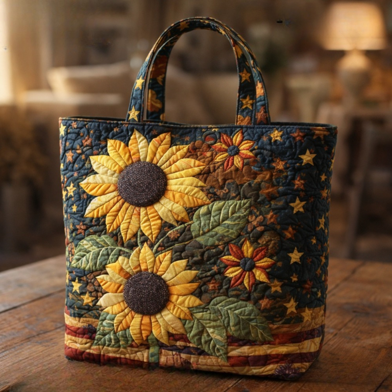 Image of 1pc Women's Bohemian Quilted Tote Bag With Sunflower Print - Multicolor Handbag Suitable For Beach Trips, Travel & Shopping, Hand Washable Bag For Vacation, Casual Outfits, Daily Use, Style