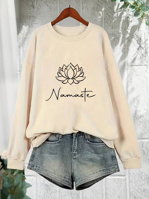 womens for lotus flower print sweatshirt black with white graphic soft stretchy polyester round neck long sleeve pullover for casual durable fabric relaxation attire graphic knitwear able cozy sweater adult clothing