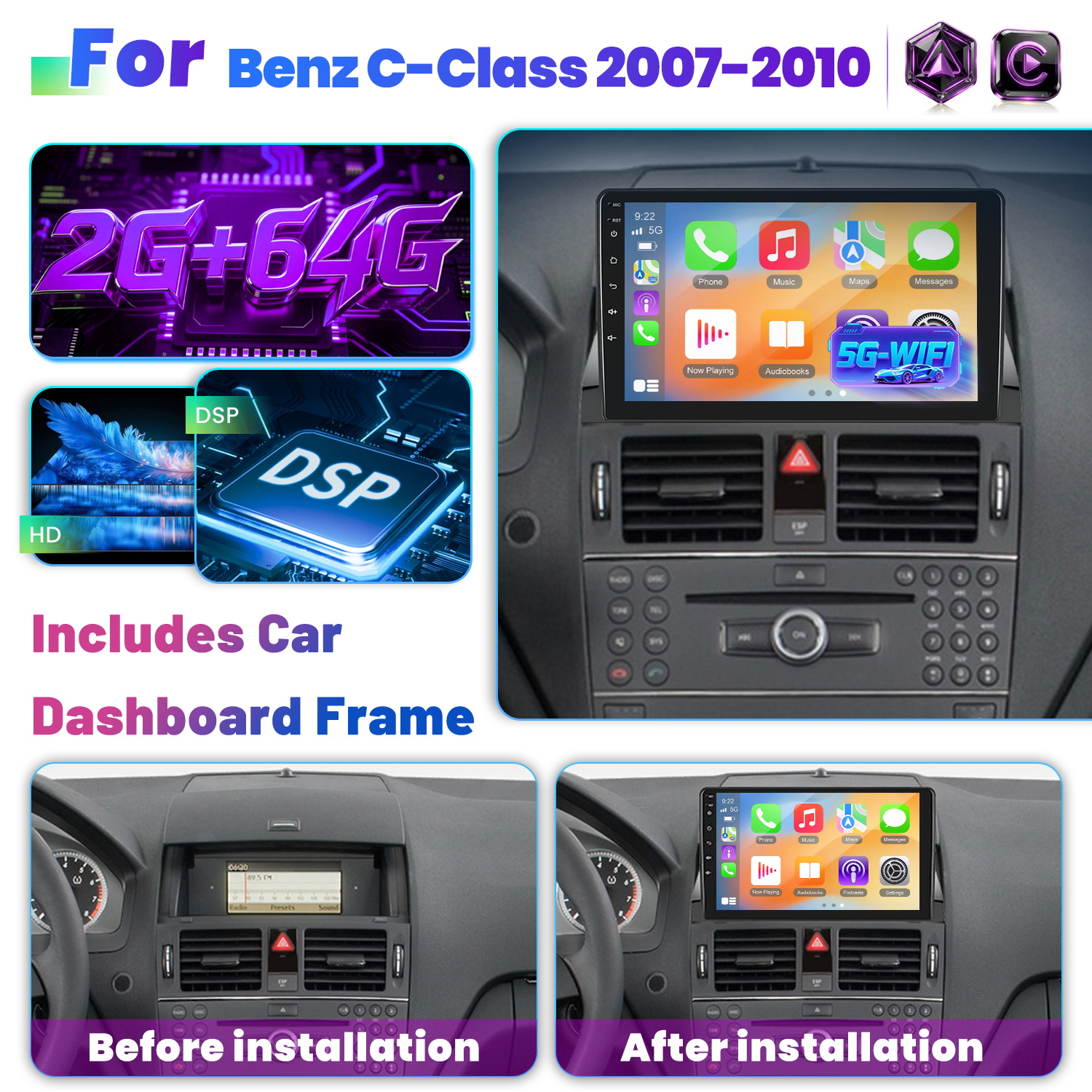Image of [2g+64g] 15 Car Stereo For Mercedes-benz 2007-2010 With And Auto, 9-inch Touchscreen Radio With Navigation, Gps, Wifi, Rds/fm, Wireless, Eq, Swc, And Rear View Camera+ Car Frame
