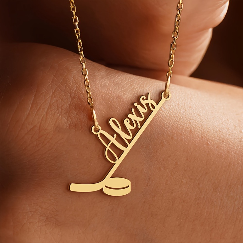 TEMU 1 Custom Stainless Steel Hockey Name Necklace, Custom Golden Hockey Necklace, Personalized Sports Pendant, Unique Gift For Hockey Fans, Sports