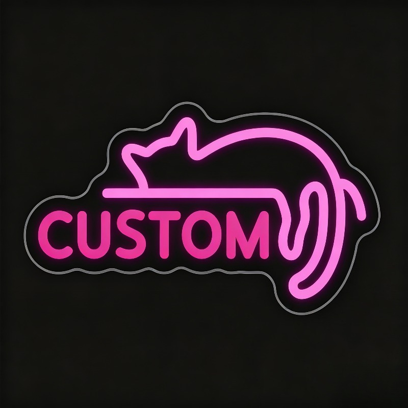 Custom Pink LED Neon Sign, Lazy Cat-Shaped, USB Powered