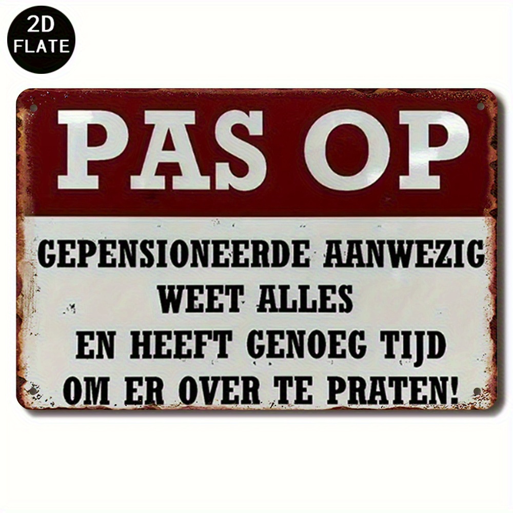 TEMU 2d Flat, 1pc [2d Printing], Retro Metal Sign "pas Op" - 20.32x30.48cm Dutch Wall Art, , No Power Needed, Dustproof Decoration Suitable For Home,