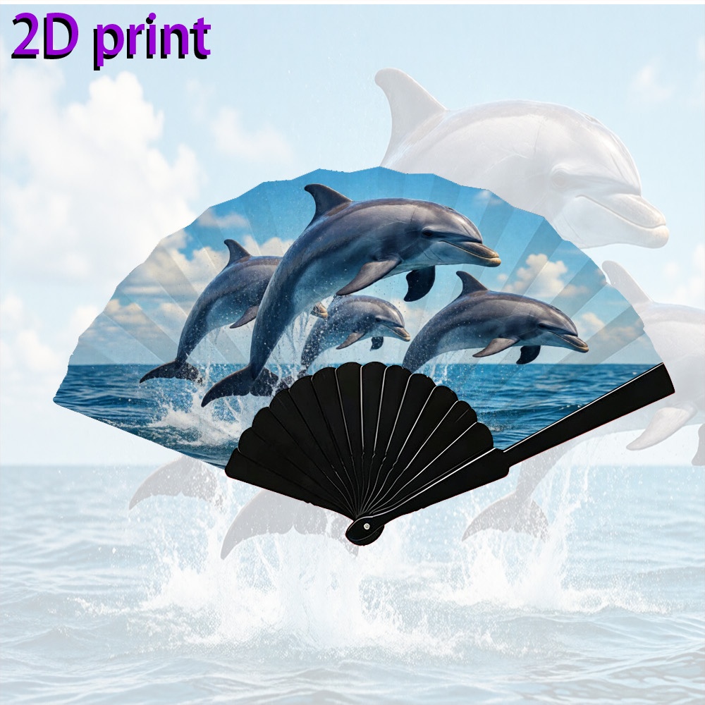 TEMU 2d Flat, 1pc 7-inch Men's And Women's Handheld Folding Fan 2d Leaping In Ocean Scene Portable Cooling, Suitable For Daily Use& Outdoor