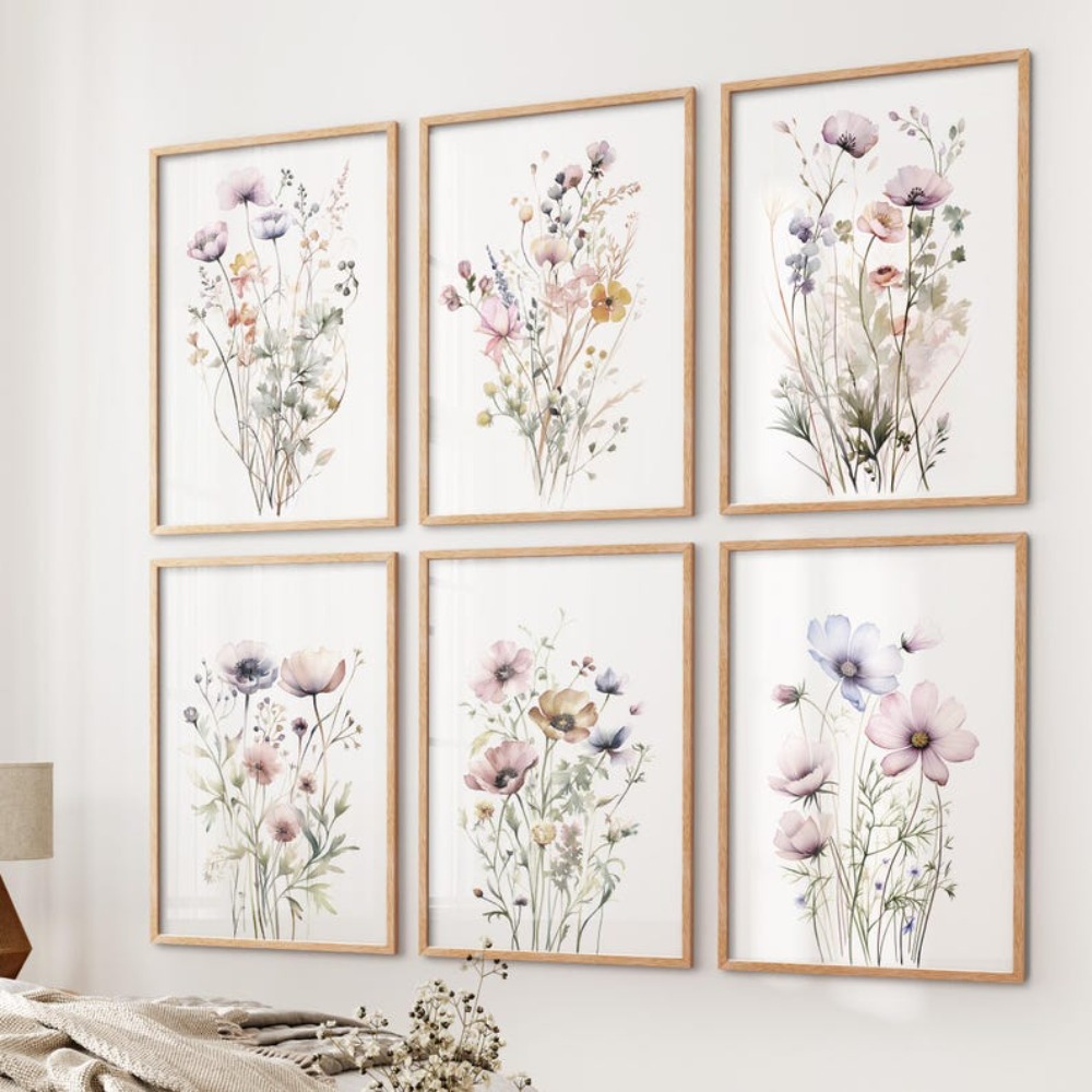 TEMU 2d Flat, 6pcs Frameless Canvas Painting Set Of 6 Botanical Wall Art, Watercolor Flowers, Gallery Wall Set, Posters Art, Home Decor, Floral