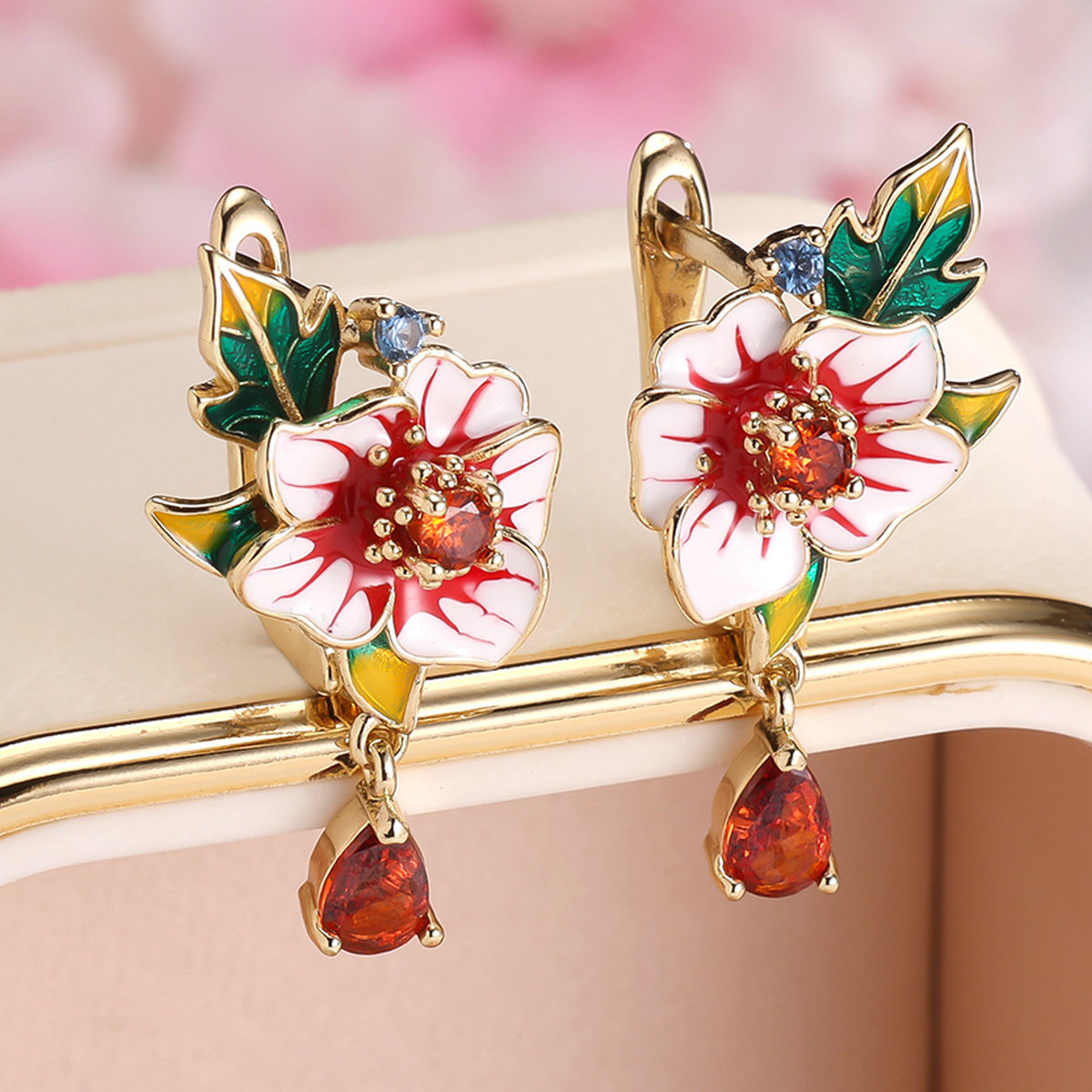 Painted Floral Leaf Shaped Ear Clips with Zirconia