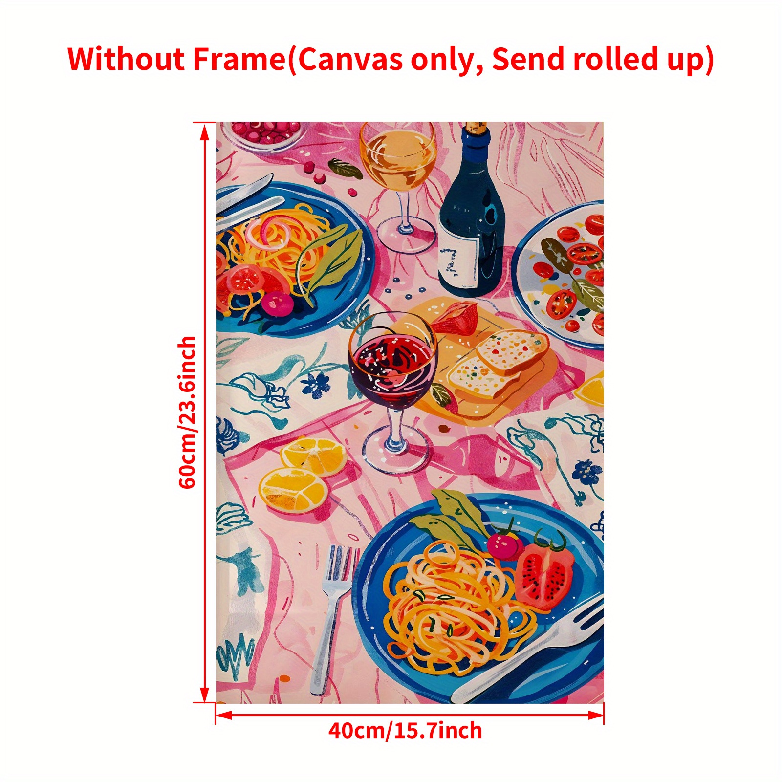 E-shop 2D Flach, 2D Flach, Ein Lebensmittel-Poster mit Pasta und Wein, mit einem farbenfrohen Küchenhintergrund und einer skurrilen modernen Wandkunst